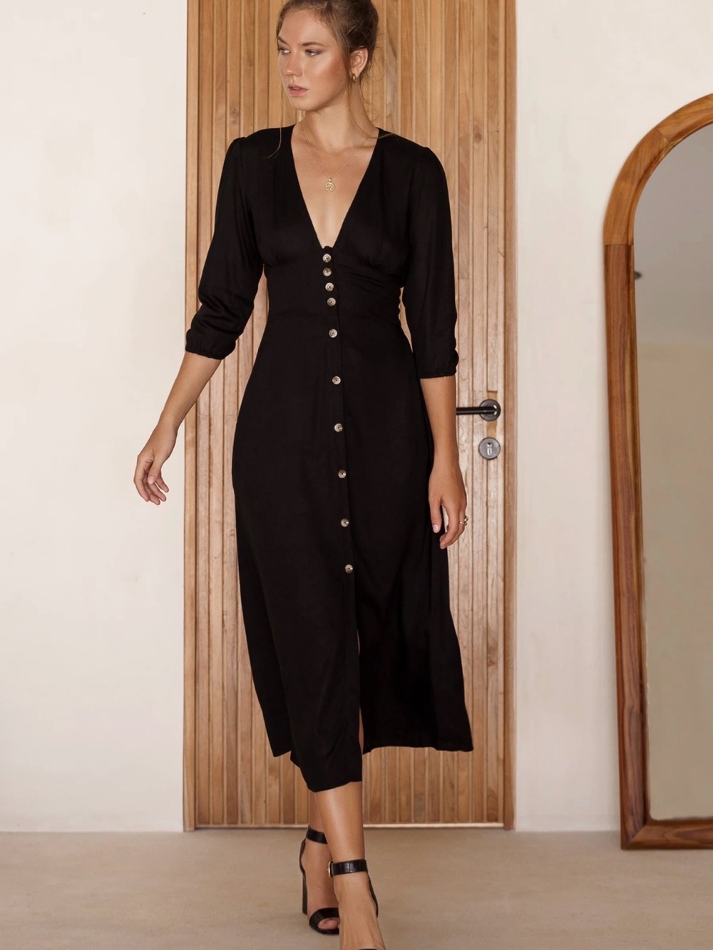 Bali ELF Black V-Neck Button-Down Midi Dress with Three-Quarter Sleeves handmade